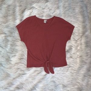 Rust Waffle Cropped Blouse with Front Tie